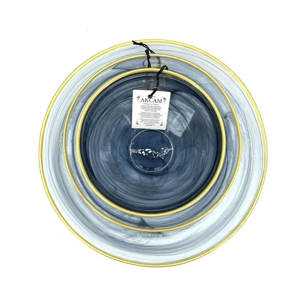 Akcam Turkish Glass 4 Plates Set Entrée Dinner Black Swirl Gold Rim 11